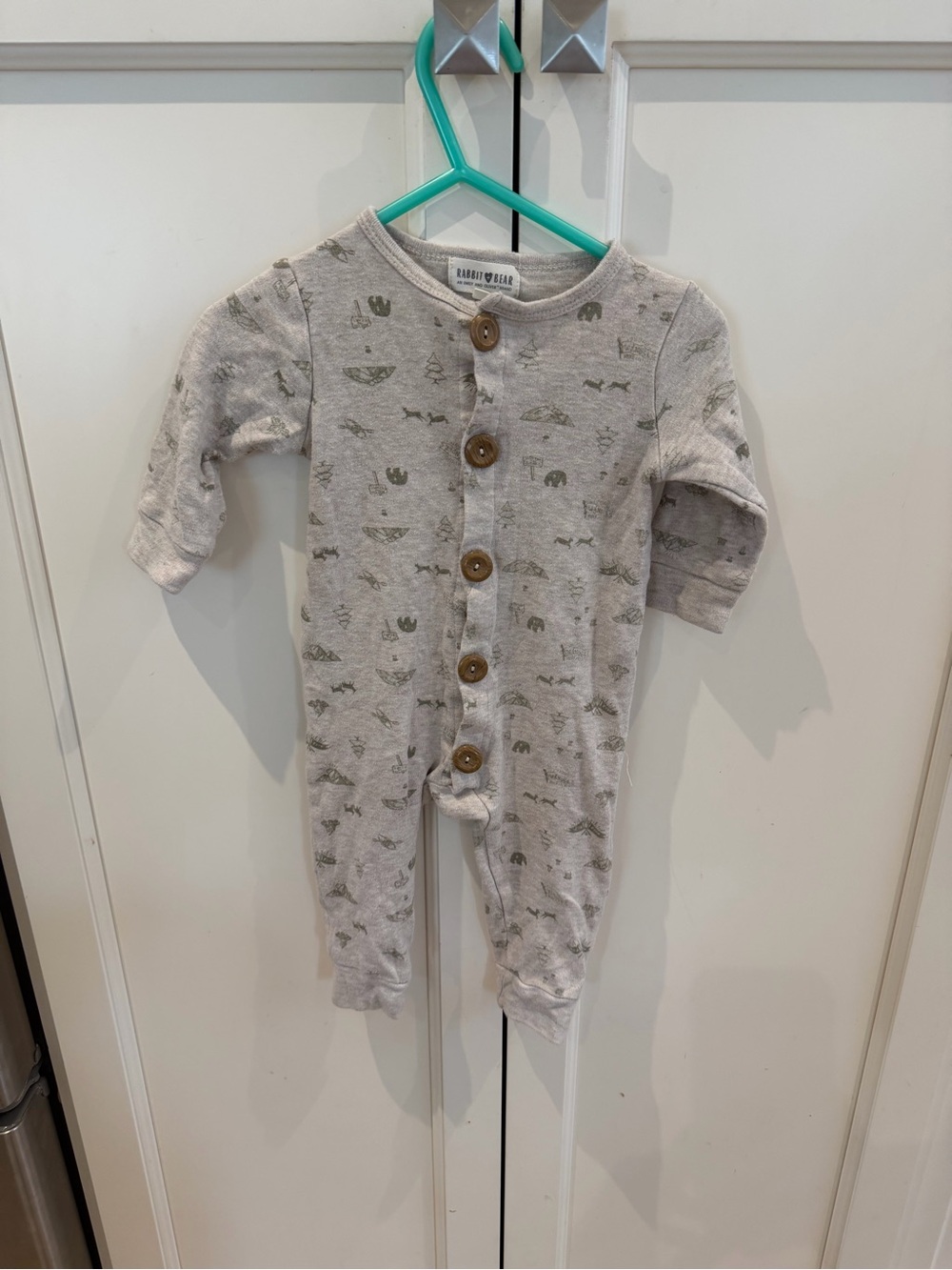 Rabbit + bear 6-9m woodland Print One-Piece